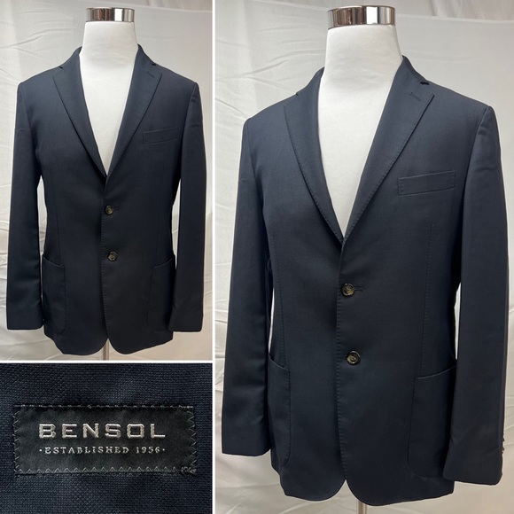 BENSOL Italy Black Wool Slim Fit Unstructured 2-Button 42 Blazer Jacket Saks - Picture 1 of 6